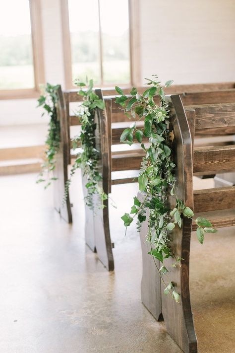 Greenery #wedding ceremony aisle markers- greenery garland {Query Events} Greenery Wedding Ceremony, Church Wedding Decorations Aisle, Wedding Pew Decorations, Wedding Ceremony Aisle, Wedding Flowers Tulips, Wedding Church Decor, Pew Decorations, Wedding Pews, Bows Wedding