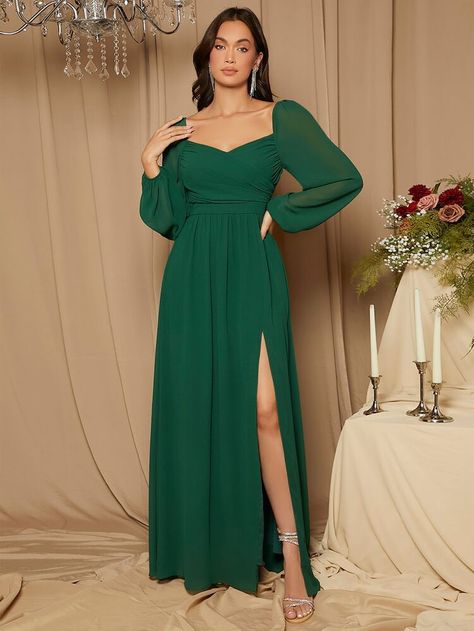 Latest Bridesmaid Dresses, Bridesmaid Dress Colors, Shein Dress, Chiffon Bridesmaid, Lantern Sleeve, Sweetheart Neck, Formal Evening Dresses, Lantern Sleeves, Classy Dress