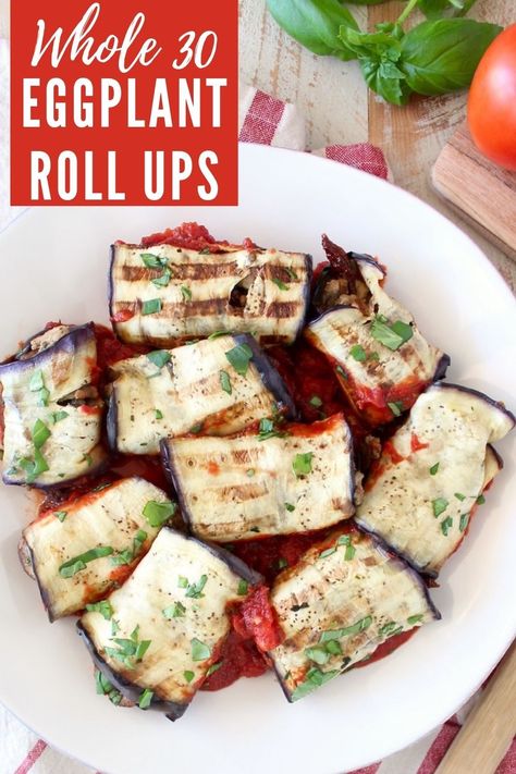 Italian seasoned ground turkey and mushrooms fill these delicious eggplant roll ups, baked in a flavorful tomato sauce. This recipe is gluten free, dairy free and Whole30 compliant! Whole 30 Eggplant, Paleo Eggplant Recipes, Turkey And Mushrooms, Eggplant Roll Ups, Seasoned Ground Turkey, Eggplant Rolls, Healthy Eggplant, Paleo Appetizers, Whole 30 Meal Plan