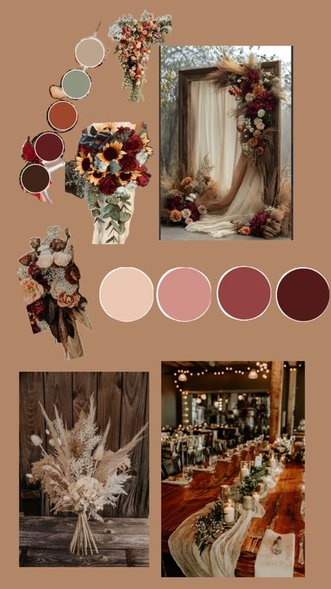 Warm main colors with pastel cool accents Brown Theme Wedding Color Schemes, Boho Wedding Theme Color Palettes, Boho Color Palette Wedding, Wedding Color Pallet Ideas Fall, Fall 2025 Wedding Colors, Backyard Wedding Color Scheme, Rustic Color Palette Wedding, Rustic Fall Wedding Color Schemes, September Wedding Colors Schemes 2025