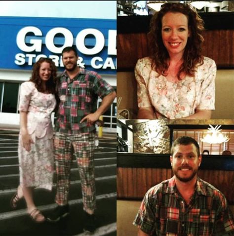 Their date night consisted of a number of rules - including spending $10 on a hilarious outfit for each other.<< This seems like a very fun idea Goodwill Date Night Challenge, Goodwill Date, Goodwill Outfits, Connect Group, Out Outfits, Thrifty Living, It Takes Two, Facebook Post, Casual Date