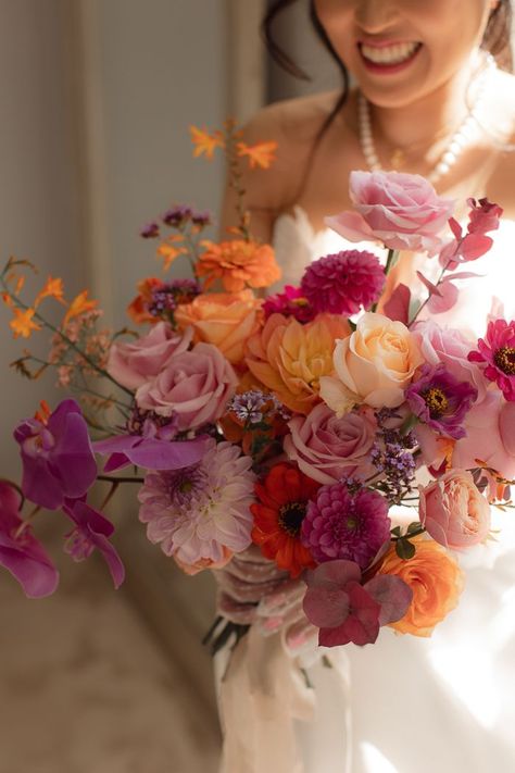 Sunset Wedding Theme, Newton Hall, Colorful Bridal Bouquet, Colorful Wedding Bouquet, Orange Bouquets, Colorful Wedding Flowers, Bridal Bouquet Flowers, Unique Wedding Flowers, Colorful Bouquet