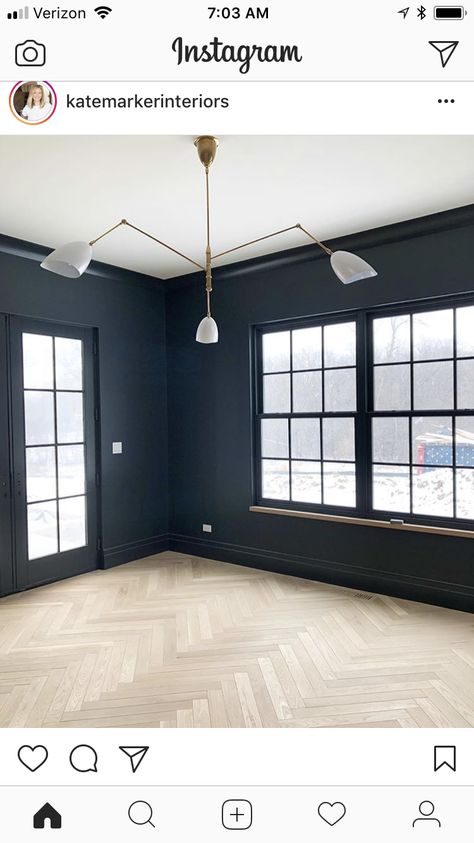 Midnight by Benjamin Moore Light Floors Dark Walls, Wall Colors Ideas, Wood Floor Colors, Floor Paint Colors, Family Room Colors, Herringbone Wood Floor, Herringbone Wood, Wood Tile Floors, Light Wood Floors