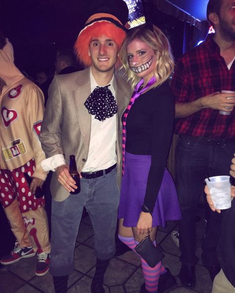 Mad Hatter and Cheshire Cat Halloween Couple Costume Cheshire Cat Costume Men, Mad Hatter Costume Men, Mens Mad Hatter Costume, Mad Hatter And Cheshire Cat, Cheshire Cat Halloween, Halloween Couple Costume, Cheshire Cat Costume, Hatter Costume, Mad Hatter Costume