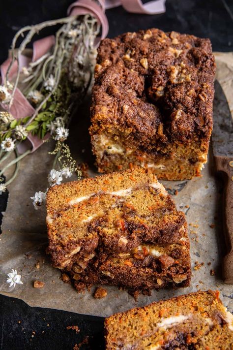 Swirled Ginger Crunch Carrot Cake Bread | halfbakedharvest.com Ginger Crunch, Carrot Cake Bread, Carrot Cake Loaf, Cinnamon Banana Bread, Half Baked Harvest Recipes, Spiced Butter, Cinnamon Crunch, Peanut Butter Banana Muffins, Slow Cooked Meat