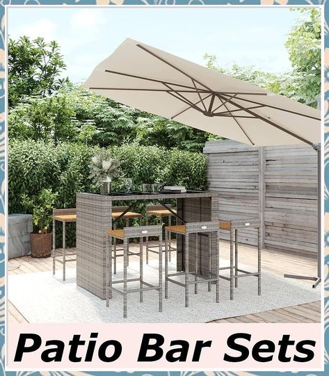 CHARMMA 7 Piece Patio Bar Set Gray Poly Rattan& Solid Wood Acacia-1139 Bar Height Chairs, Bar Table And Stools, Outdoor Bar Sets, Outdoor Tables And Chairs, Patio Bar Set, Garden Bar, Pub Table, Glass Top Table, Table Bar