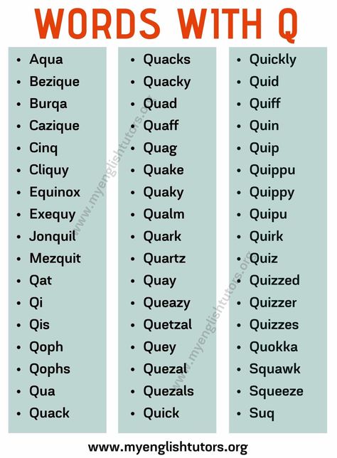 Words With Q: List of Common English Words with The Letter "Q" - My English Tutors Scrabble Tips, Q Words, Best Scrabble Words, Words With Q, Common English Words, Scrabble Words, Word Board, Words With Friends, Essay Writing Skills