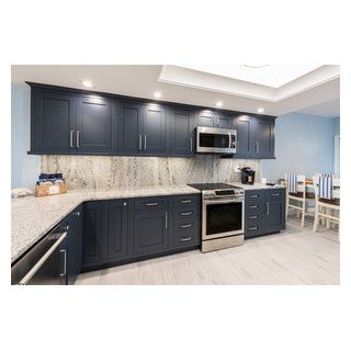 Bold and Navy Blue Kitchen - Transitional - Kitchen - Orlando - by J&J Carpet One Floor & Home | Houzz Navy Blue Cabinets, Kitchen Respray, Navy Blue Kitchen Cabinets, Navy Cabinets, White Wood Kitchens, Transitional Kitchens, Inset Cabinetry, Navy Blue Kitchen, Kitchen Transitional