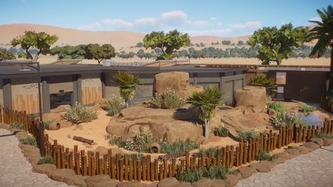 Planet Zoo African Habitat, Planet Zoo Enclosure, Planet Zoo Staff Buildings, Planet Zoo Africa, Zoo Habitats Design, Planet Zoo Exhibit, Hippo Habitat, Planet Zoo Layout Ideas, Zoo Habitat Ideas