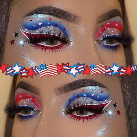 4th Of July Make Up Look, 4th Of July Glitter Makeup, Baseball Makeup Look, 4th Of July Eyeliner, Fourth Of July Eye Makeup, July 4th Makeup Looks, Usa Makeup 4th Of July, Memorial Day Makeup Looks, American Flag Makeup