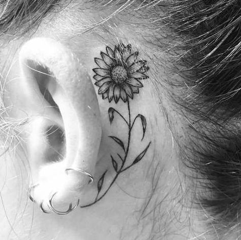 Tiny tattoo behind the ear Tattoo Behind The Ear, Sunflower Tattoo Thigh, Sunflower Tattoo Sleeve, Sunflower Tattoo Shoulder, Inspiration Tattoos, Sunflower Tattoos, Inspiring Photography, Sunflower Tattoo Design, Sunflower Tattoo