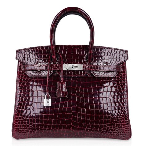 exceptional Hermes Birkin 35 Diamond Porosus Crocodile bag featured in jewel toned Bordeaux.Exquisite and rare color, this Hermes Birkin bag with 18K White Gold hardware is set with 10.23 diamonds.Hermes diamonds are ethically sourced.Comes lock and keys in the clochette, sleeper and rain protector.Plastic on hardware. Carried one time.Mightychic shares your passion for exquisite and whimsical Hermes creations and provides you access to that one single item, or to build a superior collection with discreet personal service. final sale BAG MEASURES:LENGTH 35 cm / 14" TALL 25 cm / 10"DEEP 18 cm / 7" HANDLES:TALL 5"CONDITION: Very Like New Will be delivered with Box, dust bag, card, booklet and receipt Exchange Accepted in this cases :/p> Hermes Birkin Bag, Hermes Birkin 35, Money Pouch, Yves Saint Laurent Shoes, Crocodile Bags, Women's Bags By Style, Somali, Sierra Leone, Hermes Birkin