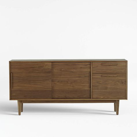 Tate Walnut 64.5" Credenza/Media Console + Reviews | Crate and Barrel Credenza Storage, Basement Office, Mid Century Sideboard, Glass Food Storage, Modern Tv Stand, Old Fashioned Glass, Modular Furniture, Media Console, Walnut Veneer