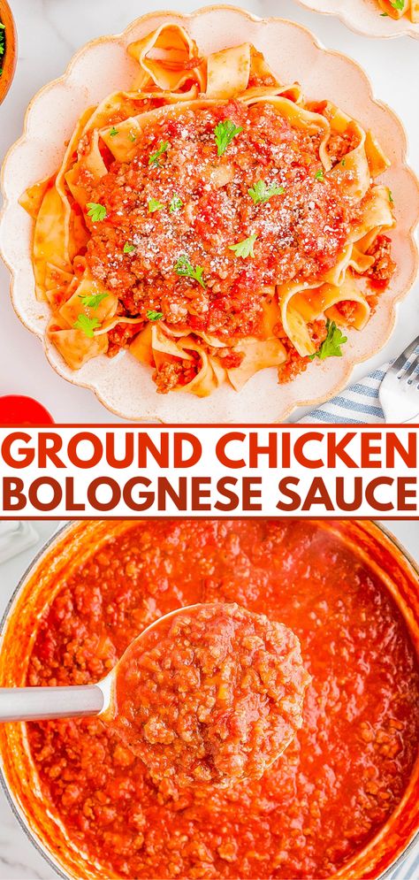 Quick Ground Chicken Bolognese Sauce — 🍝❤️🙌🏻 Just as comforting as what Nonna used to make, but so much LEANER and FASTER! Made with ground chicken, ready in 45 minutes, and the INCREDIBLE flavor of this easy bolognese recipe gives classic bolognese a run for its money! Make a big batch now and freeze some for later! Chicken Bolognese Sauce, Classic Bolognese, Easy Bolognese, Chicken Bolognese, Fish Pasta, Bolognese Sauce Recipe, Chicken With Italian Seasoning, Bolognese Recipe, Baby Puree Recipes