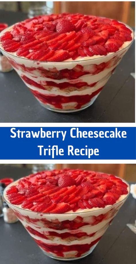 This stunning Strawberry Cheesecake Trifle is a make ahead dessert that’s always a crowd pleaser.For a dessert that sounds as great as it tastes, this one can’t be beat! Layers of cupcakes rich in delicious cream and sweet strawberries make this treat very appealing. How do you make Strawberry Cheesecake Trifle? To assemble this layered Vanilla Cheesecake Mousse, Strawberry Cheesecake Trifle Recipe, Strawberry Cheesecake Trifle, Fish Burgers, Tuna Pasta Bake, Cheesecake Trifle, Strawberry Cheesecake Recipe, Cube Cake, Strawberry Pie Filling