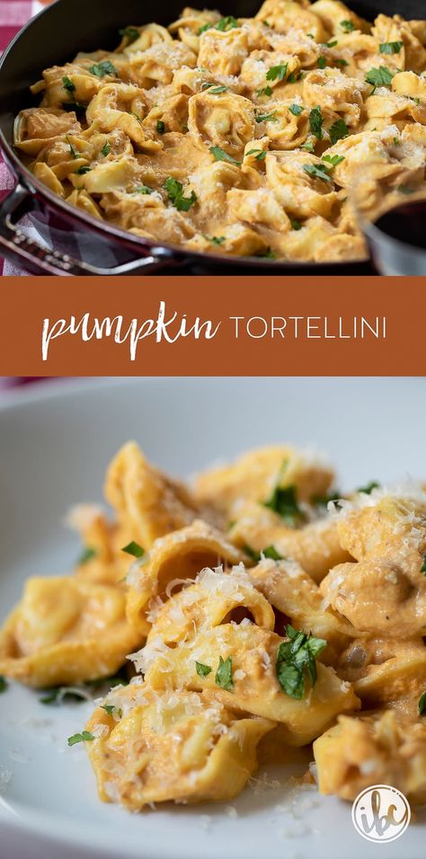 Pumpkin Sage Tortellini, Tortellini Fall Recipes, Pumpkin Pasta Crockpot, Fall Tortellini Soup, Fall Tortellini Recipes, Pumpkin Recipes Pasta, Pumpkin Tortellini Soup, Pumpkin Pasta Recipes, Pumpkin Tortellini