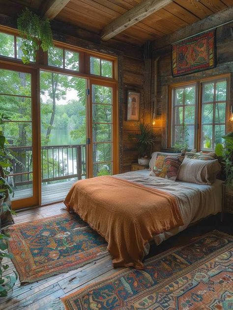 Woodsy Bedroom, Countryside Homes, Light Green Walls, Bedroom With Balcony, Cabin Theme, Summit Homes, Warm Bedroom, Rustic Retreat, Social Media Strategy