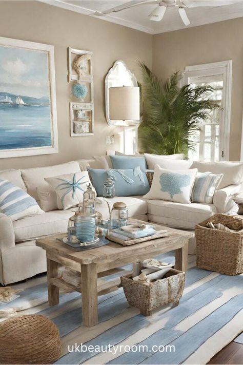 Sea Themed Living Room, Apartment Beach Decor, Marine Living Room, Rustic Beach House Decor, Costal Bedroom, Beach House Colors, Coastal Cottage Decorating, Beach Theme Living Room, Coastal Cottage Style