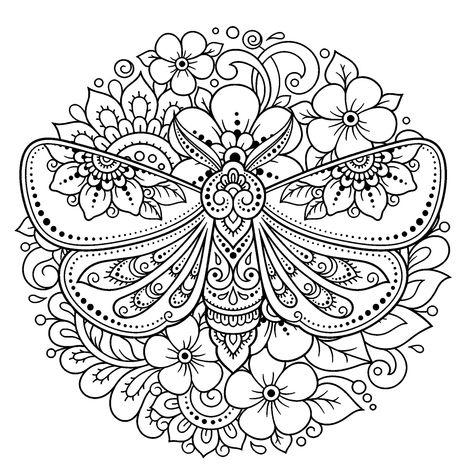 Flower mandala with moth - JustColor.net : Free printable coloring pages for adults and kids Floral Com Mandala, Mandalas Coloring Pages, Ancient Greece Mythology, Sun And Moon Mandala, Egypt Hieroglyphics, Printable Coloring Pages For Adults, Colouring Sheets For Adults, Pop Art Tattoos, Tattoo Floral