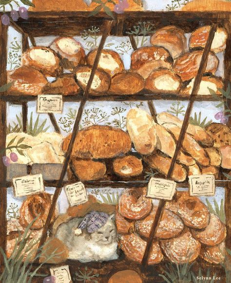 Auction started! Original painting of ‘A Cat Napping at the bakery’ The auction runs for 7days and you can find the link in my bio. If… | Instagram Baker Illustration, Loaf Cat, Bakery Art, Cat Napping, Vintage Baking, Sleek Kitchen, The Bakery, Food Painting, Illustration Ideas