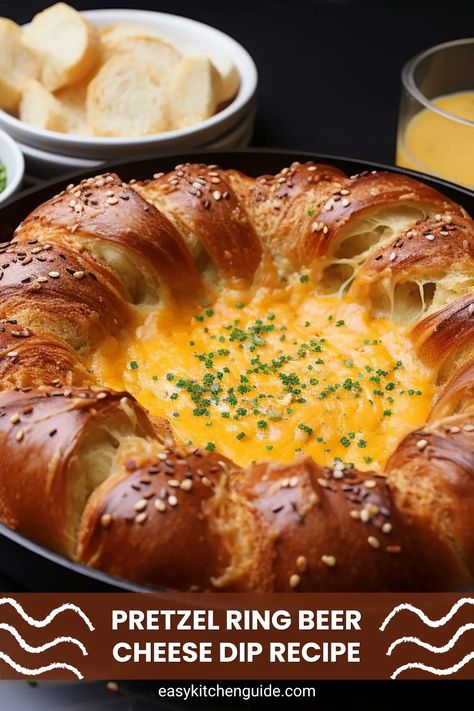 Pretzel Ring Beer Cheese Dip Recipe - Easy Kitchen Guide Pretzels With Beer Cheese Dip, Pretzel Ring Beer Cheese Dip, Pretzel Beer Cheese Dip, Cheese Dip Recipes Easy, Beer Cheese Dip Recipe, Joanna Gaines Recipes, Pretzel Cheese, Cheese Dip Recipe, Pretzel Bun