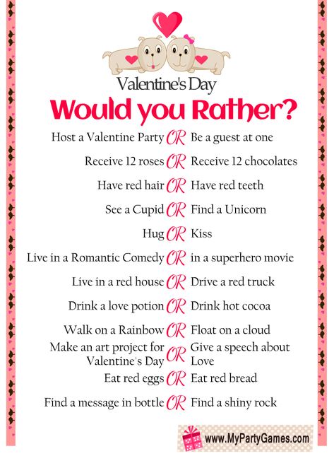 Valentines Would You Rather, Would You Rather Valentines Day For Kids, Feb Calendar, Valentine Songs, Would You Rather Game, Questions For Kids, Senior Games, Rather Questions, Printable Games For Kids