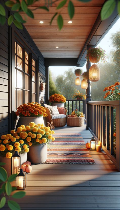 Create a warm and inviting fall porch by blending textures, colors, and lighting. Use large planters filled with seasonal flowers, add cozy outdoor rugs, and hang lanterns to capture the essence of autumn. #FallDecor #OutdoorLiving #CozyVibes #AutumnPorch #SeasonalDecor #HomeDecor #FallInspiration Cozy Fall Porch, Cozy Front Porch, Fall Porch Ideas, Potted Mums, Fall Patio, Outdoor Fall Decor Ideas, Chip Joanna Gaines, Seasonal Pillows, Chic Home Design