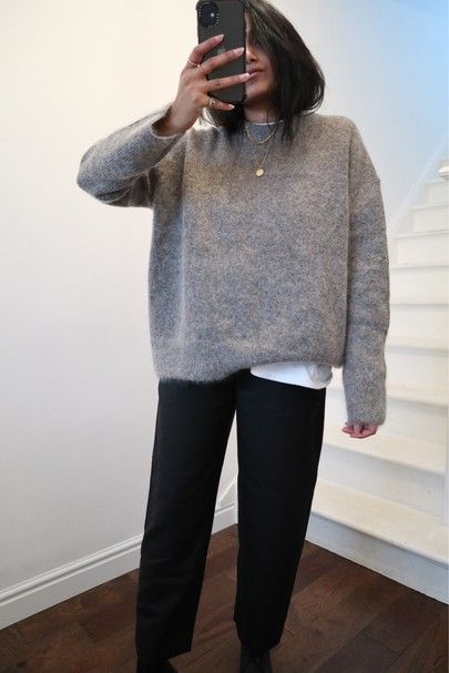 Trousers Jumper Outfit, Comfy Mum Style, Grey Sweater White Shirt, Heather Grey Sweater Outfit, White T Shirt Under Sweater, Grey Jumper Outfit Winter, Grey Roll Neck Jumper Outfit, Dark Grey Jumper Outfit, Shirt And Jumper Outfit Women