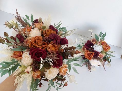 Rust Burgundy Iovry White Rose & Pampas Wedding Bouquet Burnt - Etsy Terra Cotta And Burgundy Wedding, Terra Cotta Bridal Bouquet, Burnt Orange And Burgundy Wedding, Pampas Wedding Bouquet, Wedding Centerpeices, Terra Cotta Wedding, Pampas Wedding, Rusting Wedding, Burgundy Bouquet