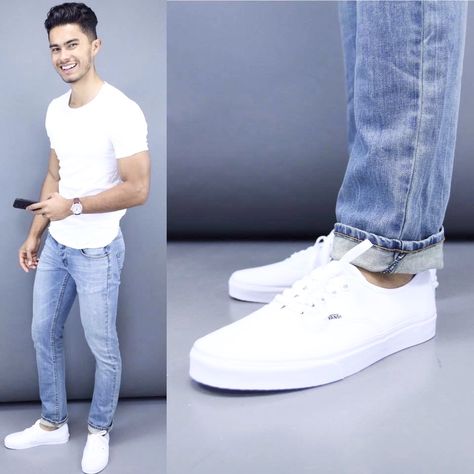 White Vans Outfit Mens, White Vans Outfit, Denim Combination, Teaching Mens Fashion, Latest Mens Wear, Mens Fashion Swag, Urban Apparel, Vans Outfit, Streetwear Mode