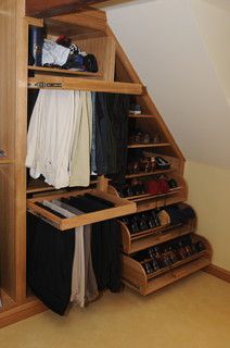 This is a great man style dressing area/closet space and all that would be left once all my things were ensconced.  Sorry. 9x9 Bedroom, Slanted Ceiling Closet, Attic Renovation Ideas, Attic Closet, Dressing Room Closet, Slanted Ceiling, Attic Bathroom, Attic Bedrooms, Closet Remodel