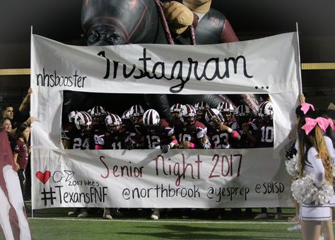 Instagram run thru football banner for Senior Night 2017. Northbrook HS Booster Club Football Signs For Senior Night, Banners For Football Games, Senior Night Banners Football, Senior Night Run Through Signs, Senior Night Banner, Highschool Cheer, Cheer Banners, Cheerleading Signs, Senior Night Football