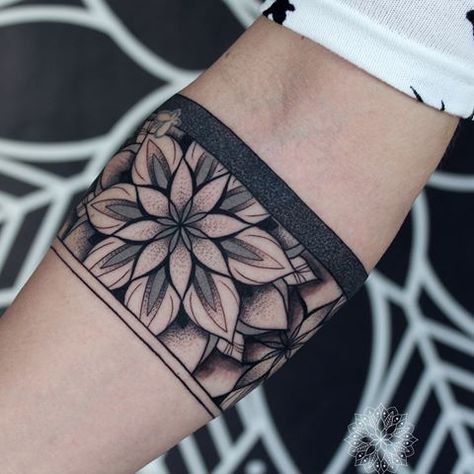 Lower Leg Mandala Tattoos Women, Peony Band Tattoo, Black Cuff Tattoo, Calf Band Tattoos For Women, Forearm Cuff Tattoo Women, Elbow Band Tattoo, Braslet Tattoo, Arm Cuff Tattoo For Women, Geometric Arm Band Tattoo Design