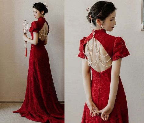 Looking for a traditional red dress for your tea ceremony? This beautiful modernised qipao/cheongsam is your idea choices. Features traditional mandarin collar with a modern twist of pearl decorated open back, front side split. Dress come with 2 styles : Floor length no train and Floor length with Train Custom made size is available too Please note : for custom size, there is no Return and Refund. Custom order processing time is about 2 weeks Please leave your measurements in Personalisation box : Shoulder width, Bust, Waist , Hip, Weight , Height and your heels height. Qipao Outfit, Cheongsam Wedding Dress, Chinese Wedding Tea Ceremony, Wedding Qipao, Red Qipao, Cheongsam Modern, Modern Qipao, Chinese Wedding Dress, Dress With Train