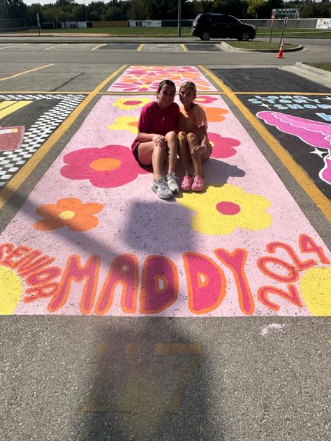 painted my parking spot today for senior year! love how it turned out and so glad i went with bright colors🩷🧡💛 Senior Year Parking Spot, Senior Parking Spaces Funny, Senior Spots, Parking Lot Painting, Senior 25, Parking Spot Painting, Phone Setup, Sr 25, Spot Painting