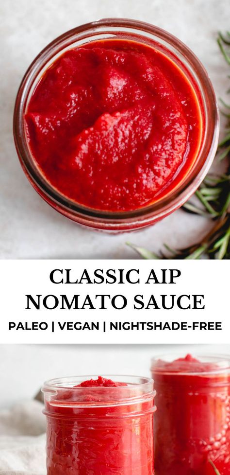 This AIP, vegan and nightshade-free Classic Nomato Sauce is so similar in taste to tomato sauce, you might even fool your tomato-eating friends and family members. #healmedelicious #aip #aiprecipes #paleo #paleorecipes #vegan #veganrecipes #autoimmunedisease #aipdiet #autoimmunepaleo #aipprotocol #vegetarian #nightshadefree #dairyfree #glutenfree #grainfree #dinnerideas #marinarasauce #nomatosauce #tomatofree #coconutfree Nomato Sauce, Aip Vegan, Aip Diet Recipes, Nightshade Free Recipes, Autoimmune Recipes, Vegan Paleo Recipes, Autoimmune Paleo Recipes, Aip Paleo Recipes, Aip Diet