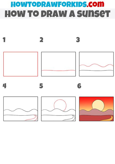 Directive Drawing, Sunset Drawings, Sunset Drawing Easy, Sunset Tutorial, Directed Drawing Kindergarten, Sunrise Drawing, Landscape Drawing Tutorial, Sunset Drawing, Drawings With Meaning