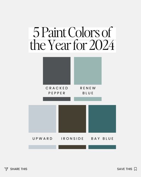 2024 might be a few months (wait, weeks!) away, but 2024 colors of the year are already here., Color experts expect that soothing earth tones and deep, moody shades will be especially big in the year ahead. Here’s a glimpse at what some popular paint brands have dubbed their 2024 “Color of the Year.” -Behr – Cracked Pepper -Valspar – Renew Blue -Sherwin Williams – Upward -Dutch Boy – Ironside -Minwax – Bay Blue Which one is your favorite? 2024 Color Of The Year Sherwin Williams, Valspar Color Of The Year 2024, Renew Blue Valspar, 2024 Colors, Valspar Colors, Mountain Condo, Dog Brand, Blue Paint Colors, Pepper Color