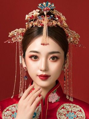 Chinese Traditional Dangling Bridal Hair Clips & Earrings - CozyLadyWear Chinese Bride, Bride Crown, Wedding Headdress, Bridal Headdress, Hair Accessories Pearl, Chinese Hairstyle, Bridal Hair Clip, Wedding Accessories Jewelry, Hair Jewelry Wedding