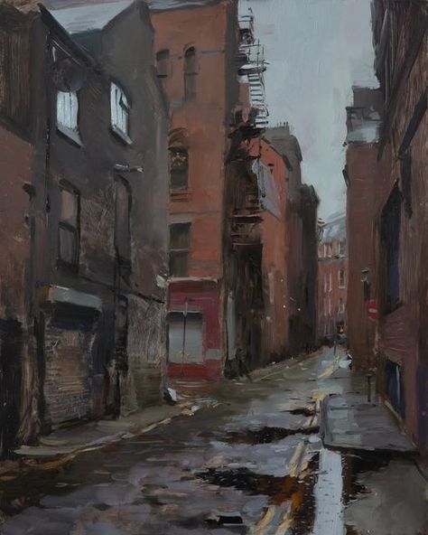 Rob Pointon ROI on Instagram: "Another day hanging around dark alleyways, this time Piccadilly Back in Manchester Day4 @strada.easel challenge #stradaeaselchallenge #stradaeasel #stradaeaselchallenge2023 #paintingjanuary #Manchester #alley #northernboysart #pleinair #art #landscapepainting #paintanyway #royalinstituteofoilpainters #paintingoftheday #artlovers #fineart #instaart #oilpainting #artwork #pleinairpainter #impressionism #artistsoninstagram #oilsketch #allaprima #britpleinair #northe Urban Impressionism, Dark Alleyway, Manchester Piccadilly, Urban Island, Outdoor Painting, British Landscape, London Painting, Big Scary, Dark City