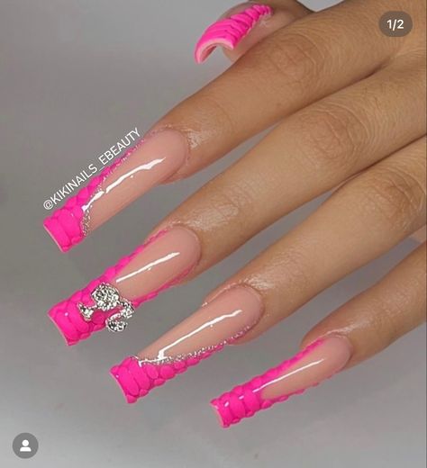 Barbi Nails Design, 20th Bday Nails, Nails With Hot Pink Tips, 21st Birthday Nails Acrylic Long, Barbie Charm Nails, Hot Pink Long Nails, Hot Pink Acrylic Nails Coffin, Barbie Theme Nails, Barbie Nails Acrylic