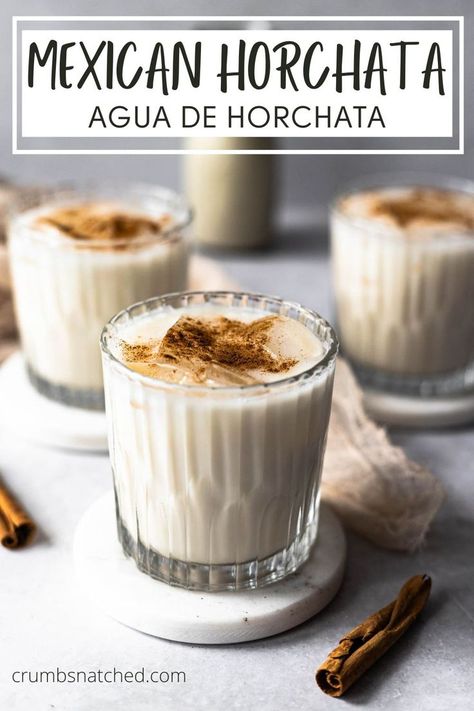 three glasses of Mexican horchata garnished with cinnamon Easy Horchata Recipe Simple, Vegan Horchata Recipe, Aqua Frescas, Easy Coquito Recipe, Horchata Recipe Mexican, Easy Horchata, Easy Horchata Recipe, Vegan Horchata, Horchata Drink