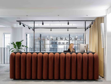 MullenLowe Group's new airy reception and cafe - Workplace | Design | Architecture Agile Workspace, Custom Reception Desk, Stage Curtains, Booth Seating, Reception Design, Cube Design, Display Furniture, Workplace Design, Bar Seating