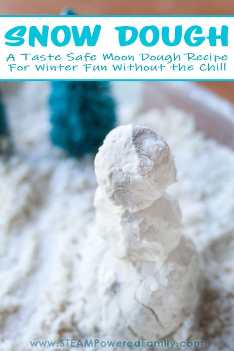 This Snow Dough recipe (also known as Cloud Dough) is a great way to keep kids busy having fun building snowmen but without the chilly fingers. Spend some time inside the warmth this winter exploring an amazing, silky snow dough recipe that will have kids asking to build a snowman over and over again! A wonderful sensory experience using items from the pantry for a taste safe recipe. Try this recipe! #SnowDough #CloudDough #BuildASnowman #Winter #Sensory #WinterActivities Taste Safe Snow Sensory, Moon Dough Recipe, Snow Dough Recipe, Edible Snow, Sensory Snow, Cute Crafts For Kids, Moon Dough, Snow Dough, Organized Christmas