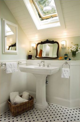 mint bathroom with slanted ceiling Attic Bathrooms, Mint Bathroom, Small Attic Bathroom, White Hexagon Tiles, Black And White Tile, Slanted Ceiling, Small Attic, White Tile Floor, Attic Bathroom