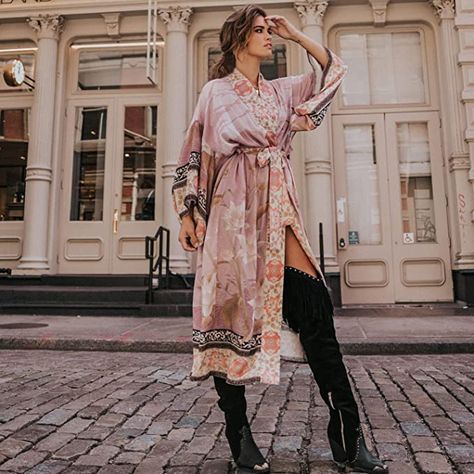 Swimsuit Coverup Kimonos for Women Bird Geometry Print 3/4 Sleeve Kimono Robe Loose Open Front Kimono Duster Chiffon Beach Cover Up, Long Floral Kimono, Beach Tunic Dress, Boot Styling, Bohemian Robes, Beach Kimono, Bohemian Style Dresses, Kaftan Maxi Dress, Kimono Robes