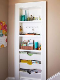 Mudroom Mailroom he first line of defense against the assault of mail should be near the door you come in with the daily stack. A mudroom offers plenty of space to stow letters along with car keys, coats, hats, and more. A collection of built-in shelves in this mudroom provides a spot to store a couple of days' mail accumulation before the pile gets moved to a final sorting station. Built In Wall Shelves, Apartemen Studio, Recessed Shelves, Organize Life, Laundry Room Diy, Built In Shelves, Remodel Bedroom, Wall Storage, Bathroom Wall Decor