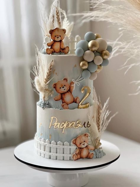 Bear Themed Birthday Cake, Bear Baby Shower Cake, Bear Baby Shower Theme, Two Tier Cake, Baby Shower Theme Decorations, Themed Birthday Cakes, Bear Birthday, Theme Cake, Baby Bear Baby Shower