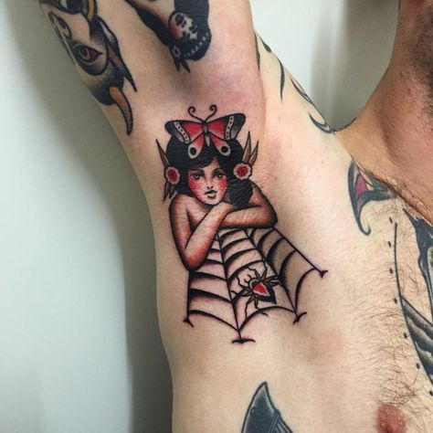 Painfull one done today on my best friend & co-worker @loicvh Hard to get a good picture.. American Traditional Spider, Armpit Tattoo, Spider Tattoos, Traditional Hand Tattoo, Spider Web Tattoo, Pin Up Girl Tattoo, Web Tattoo, Spider Tattoo, Incredible Tattoos