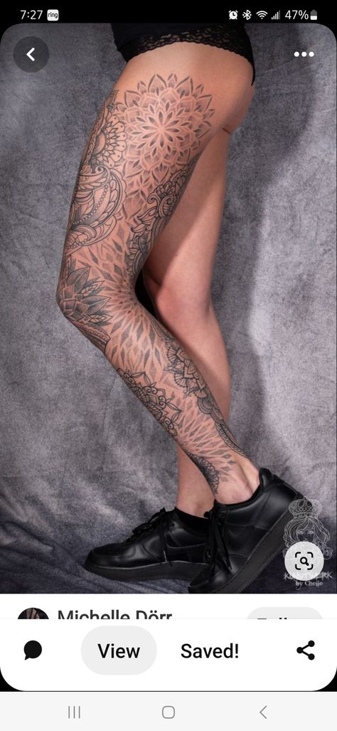 Mandela Tattoo Leg Women, Fine Line Leg Sleeve Tattoo, Tattooed Woman Aesthetic, Leg Sleeve Tattoos Female, Back Tattoo Women Full, Thigh Sleeve Tattoo, Mandala Tattoo Leg, Tattoo Bein Frau, Tato Mandala